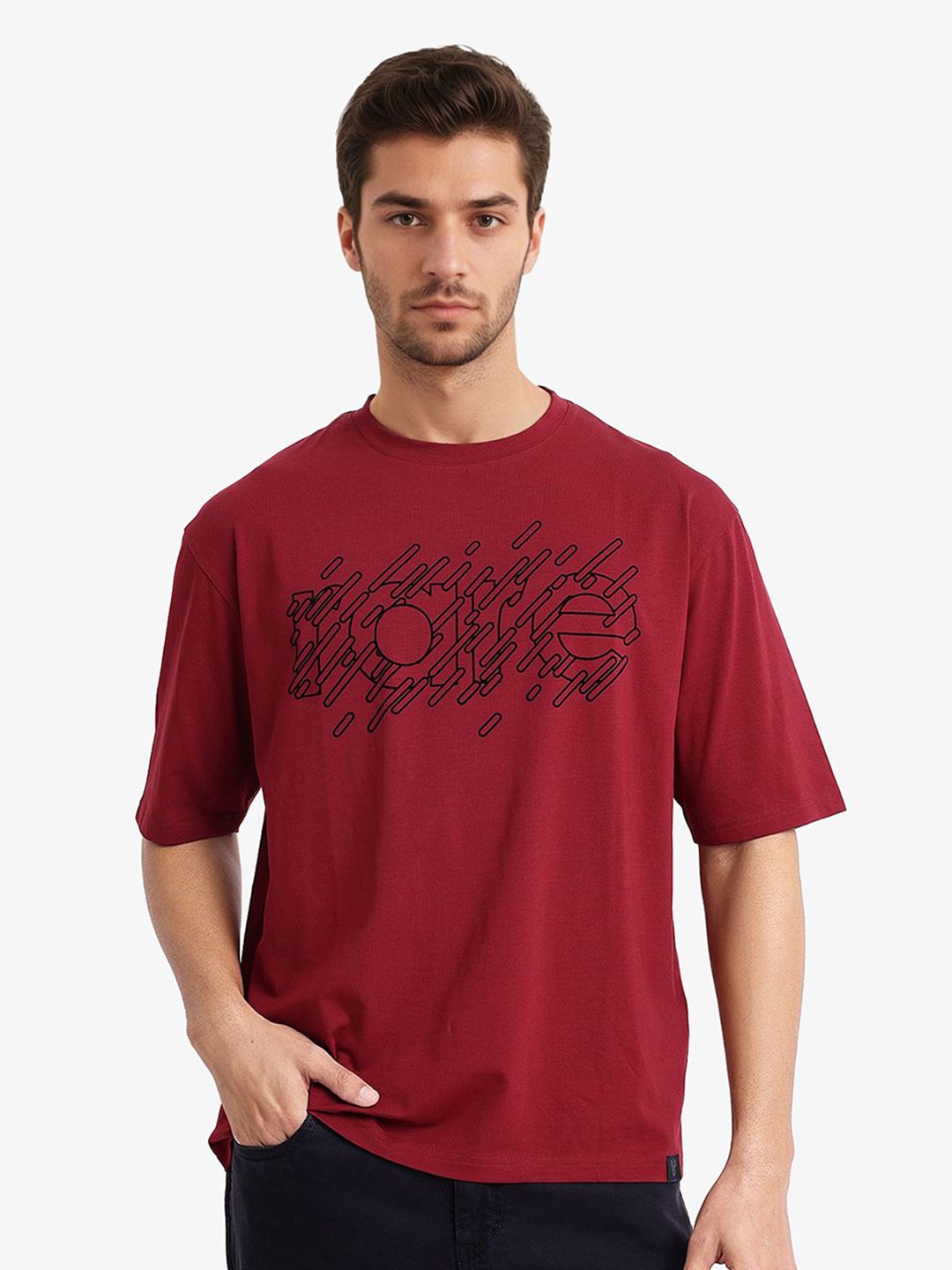 

RARE RABBIT Men Typography Printed Round Neck Cotton Boxy T-Shirt, Red