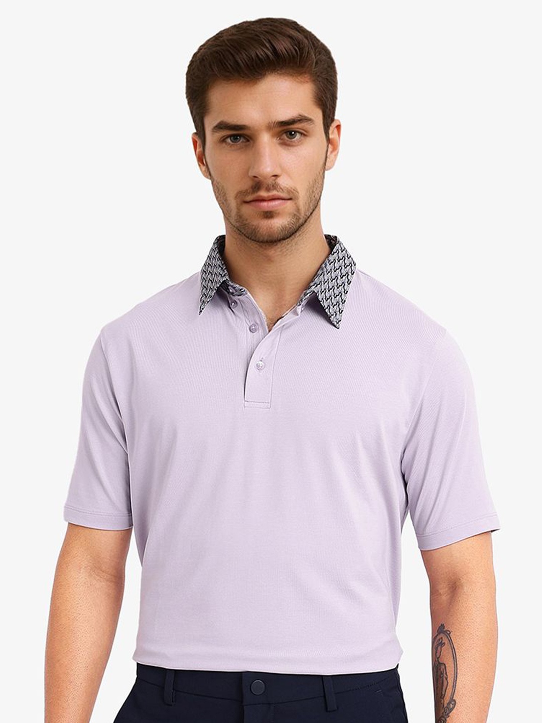 

RARE RABBIT Men Solid Polo Collar Cotton T-Shirt, Purple