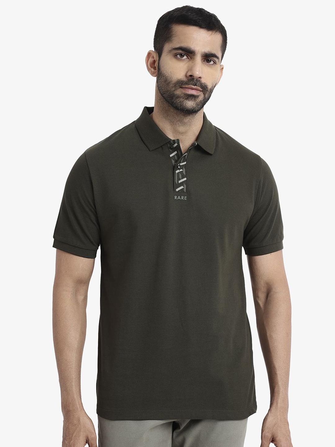 

RARE RABBIT Men Solid Polo Collar Cotton T-Shirt, Olive