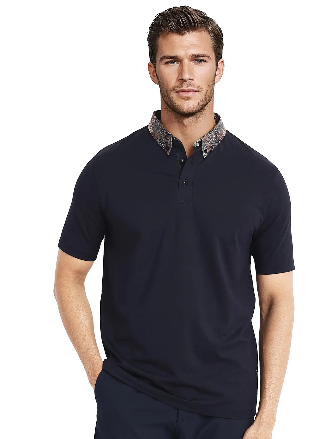 

RARE RABBIT Men Solid Polo Collar Cotton T-Shirt, Navy blue