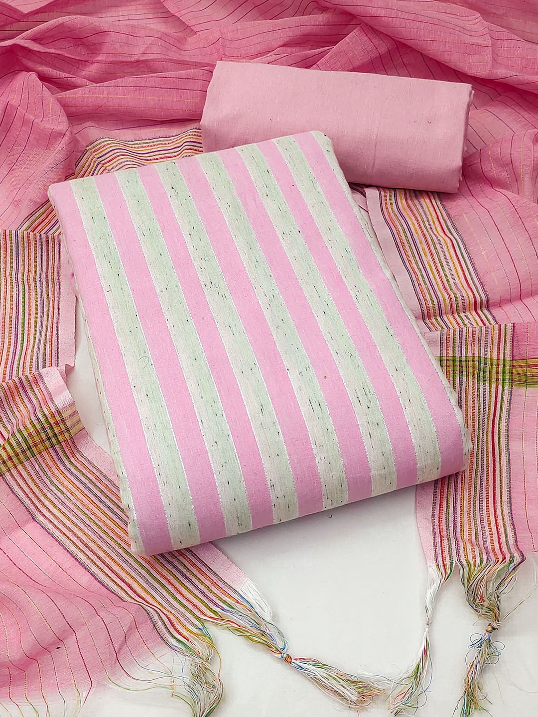 

KIMISHA Striped Unstitched Woven Design Dress Material, Pink