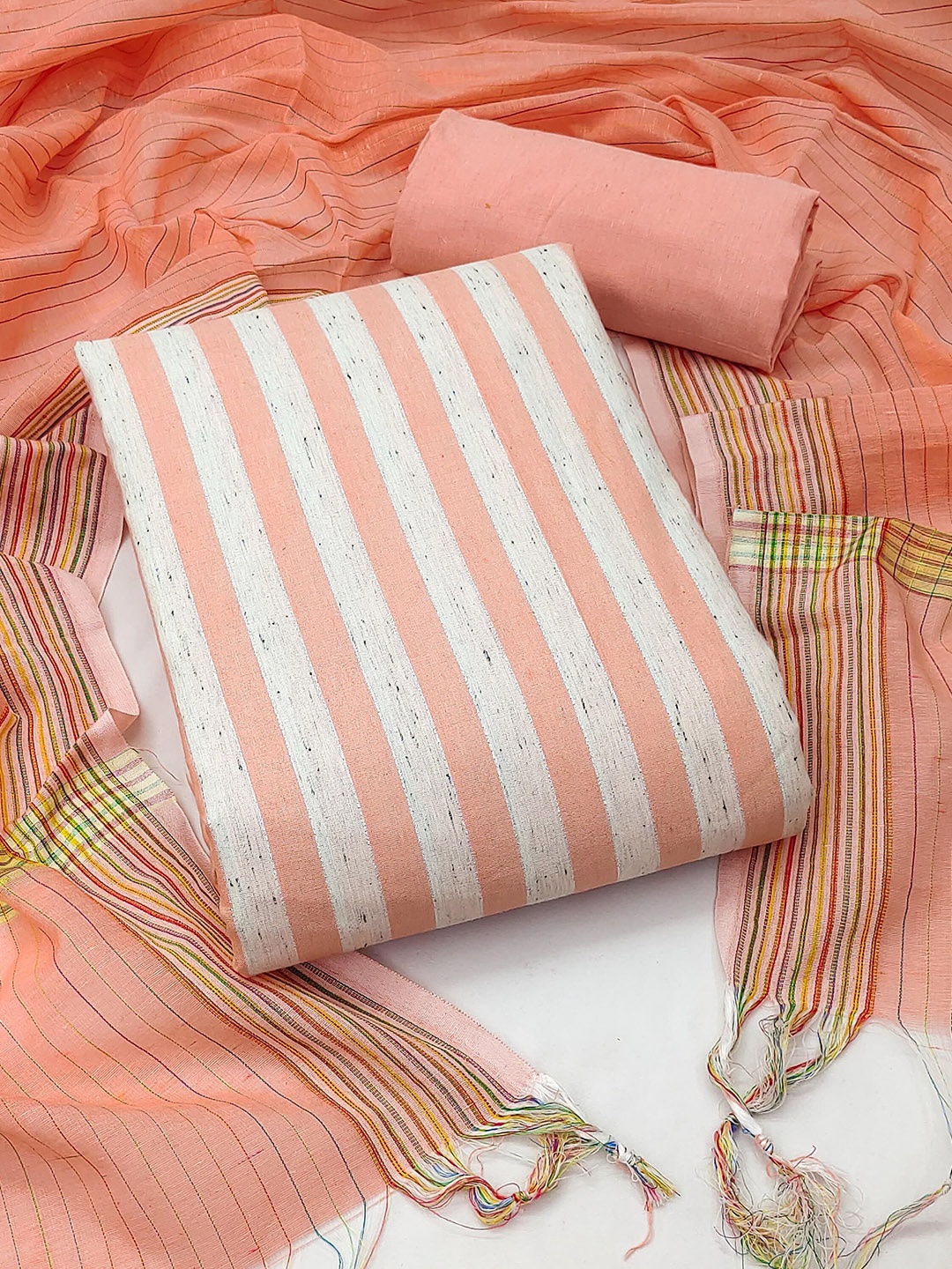 

KIMISHA Striped Unstitched Woven Design Dress Material, Peach