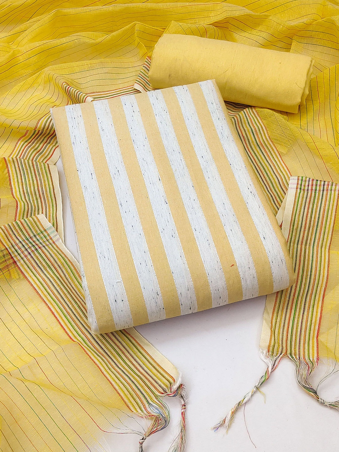 

KIMISHA Striped Unstitched Woven Design Dress Material, Yellow