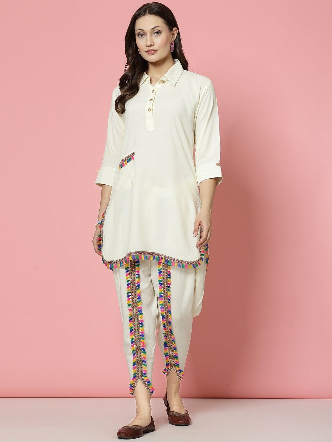 

Clora Creation Shirt Collar Tunic With Dhoti, Off white