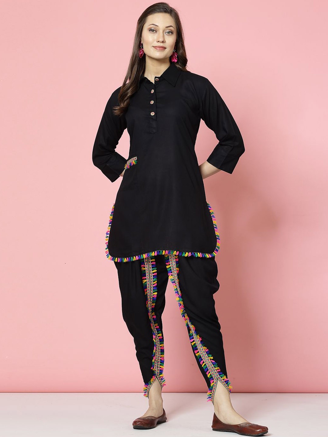 

Clora Creation Embellished Shirt Collar Tunic With Dhoti Pants, Black