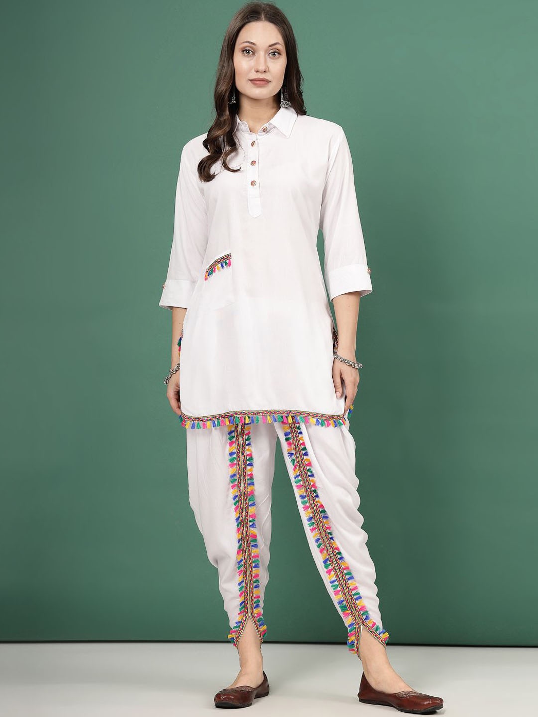 

Clora Creation Embellished Shirt Collar Tunic With Dhoti Pants, White