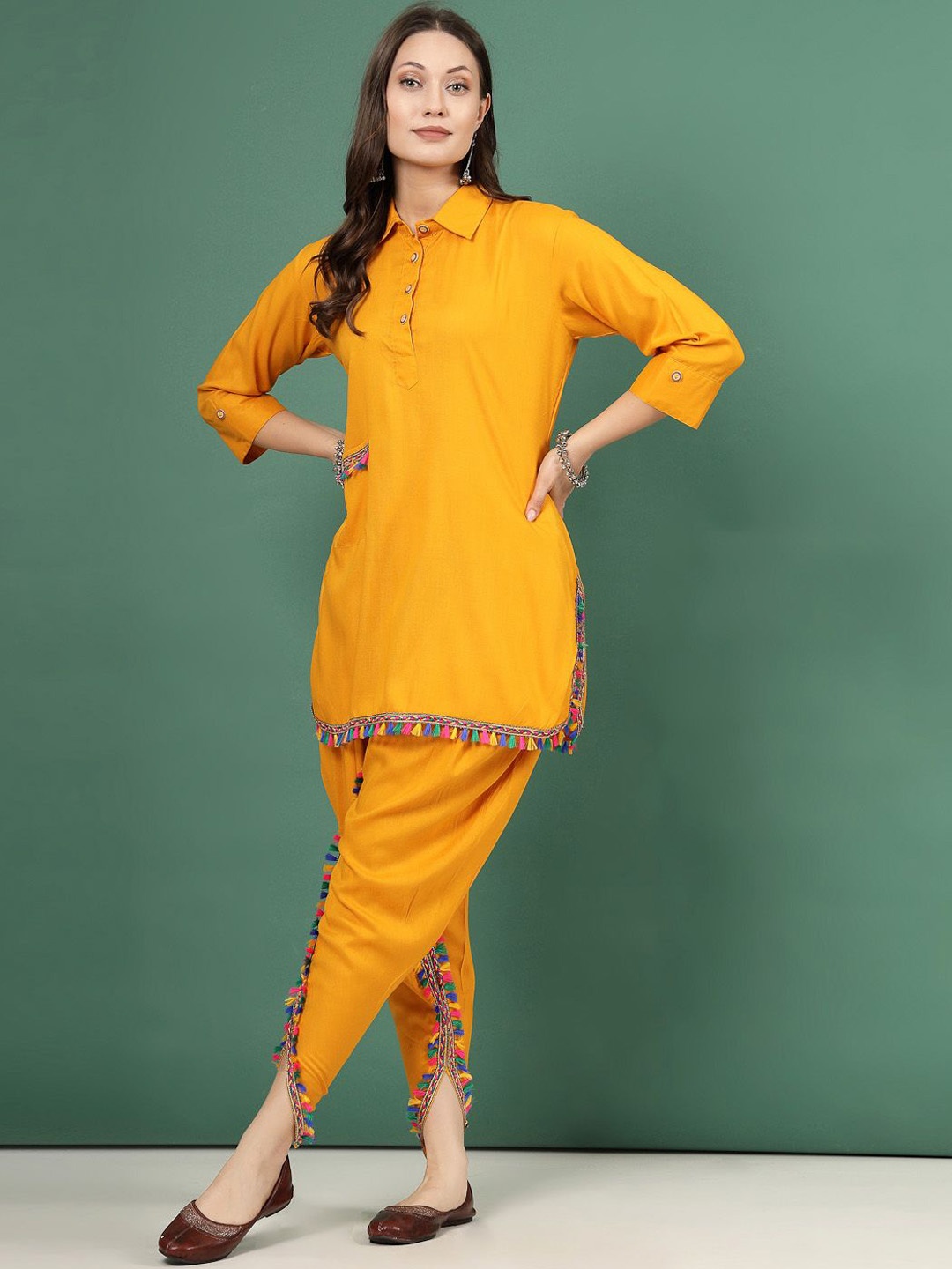 

Clora Creation Embellished Shirt Collar Tunic With Dhoti Pant, Mustard