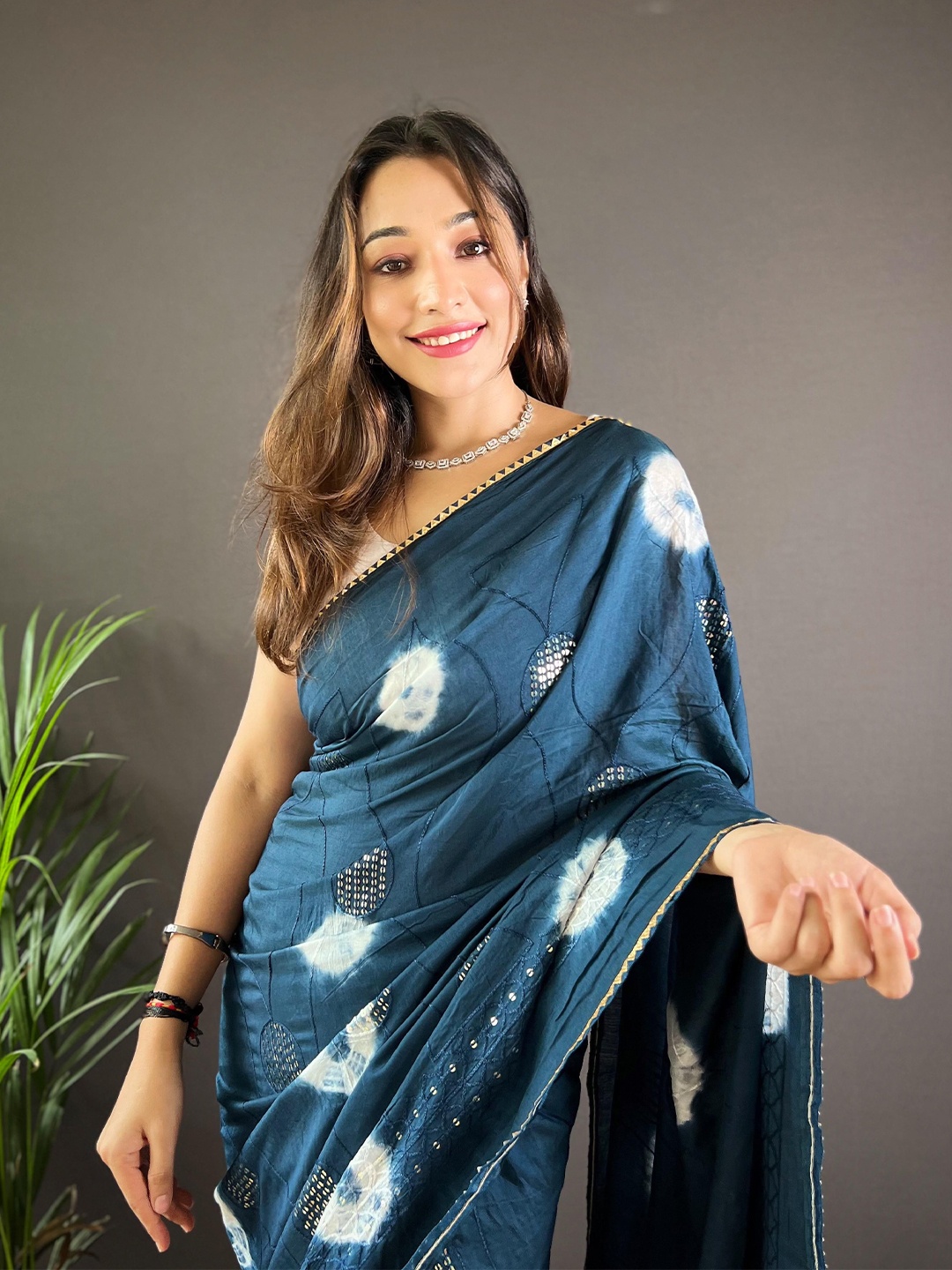 

Vastrasky Global Tie & Dye Embroidered Embellished Gota Patti Pure Cotton Saree, Turquoise blue