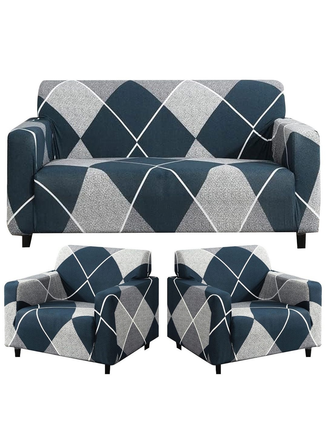 

Furshine Blue & Grey 3 Pieces Printed 5 Seater Sofa Cover With Arms