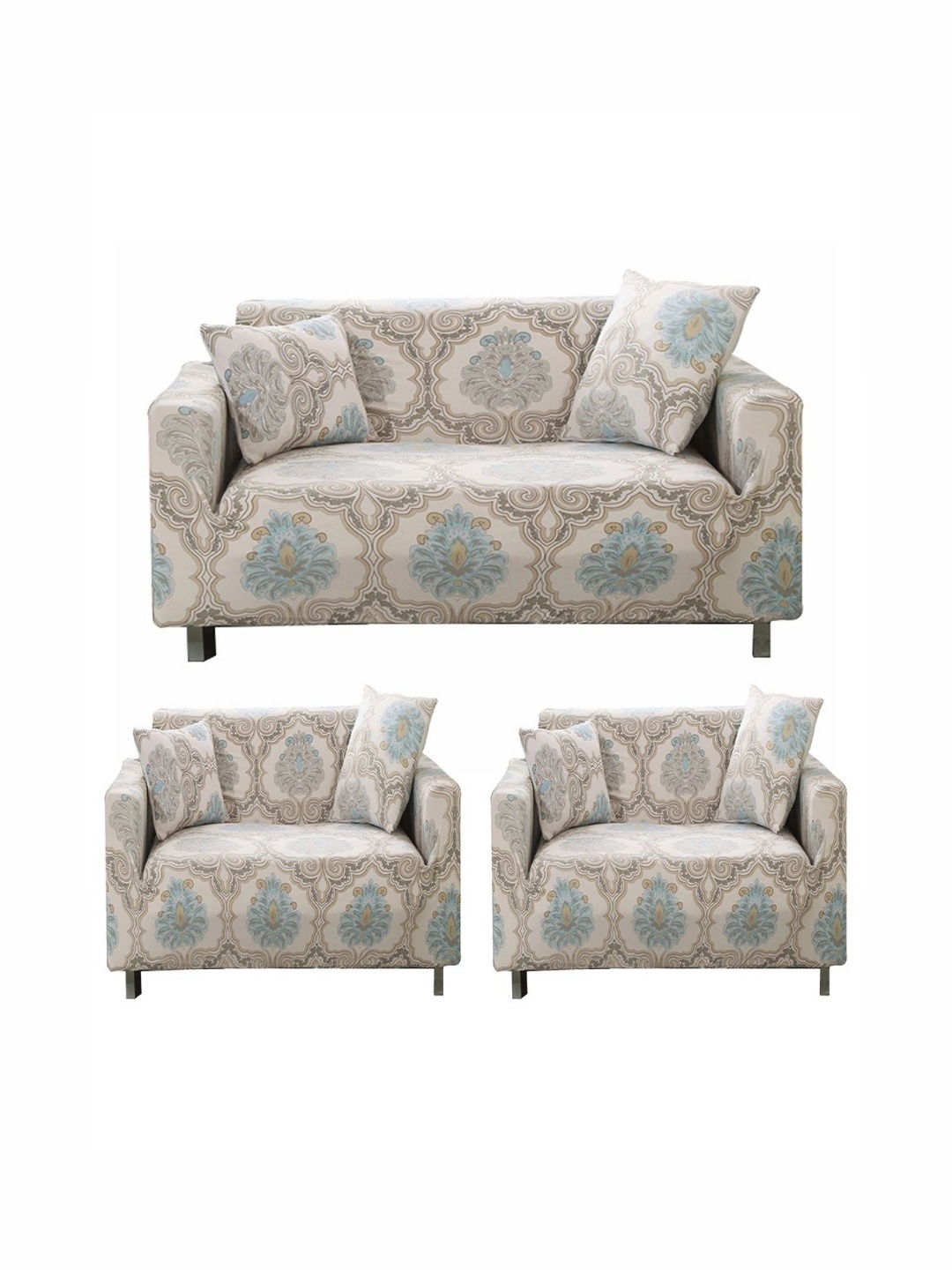 

Furshine Cream & Beige 3 Pieces Printed 5 Seater Sofa Cover With Arms