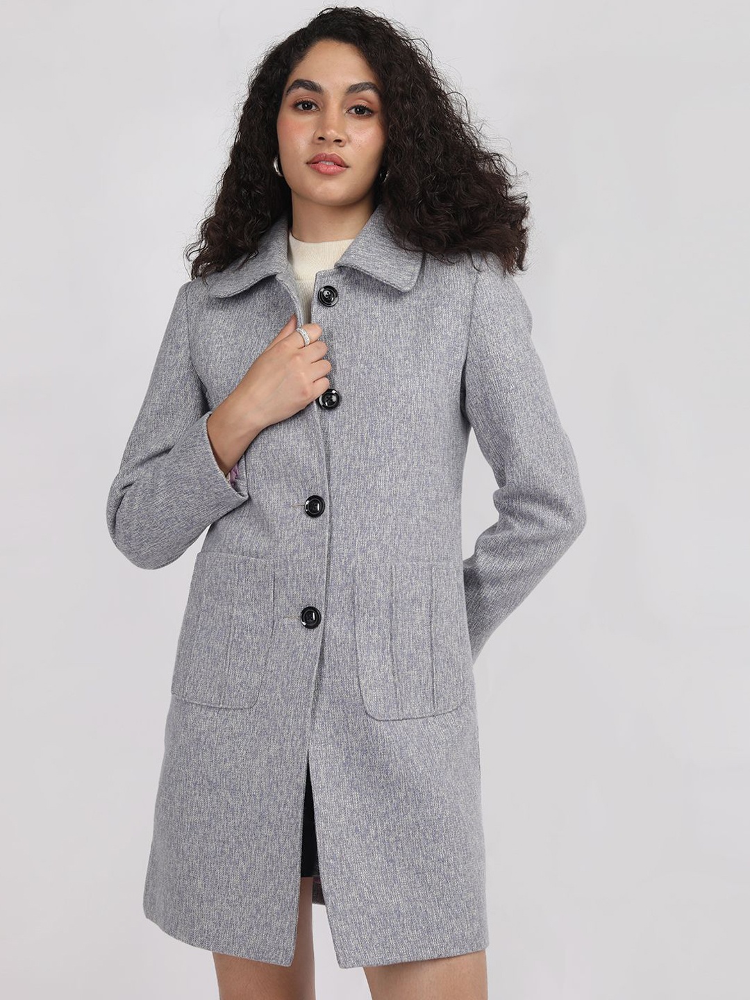 

Plagg Women Textured Single-Breasted Overcoat, Grey