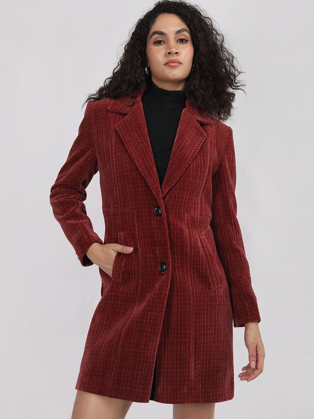 

Plagg Women Textured Single-Breasted Coats, Red