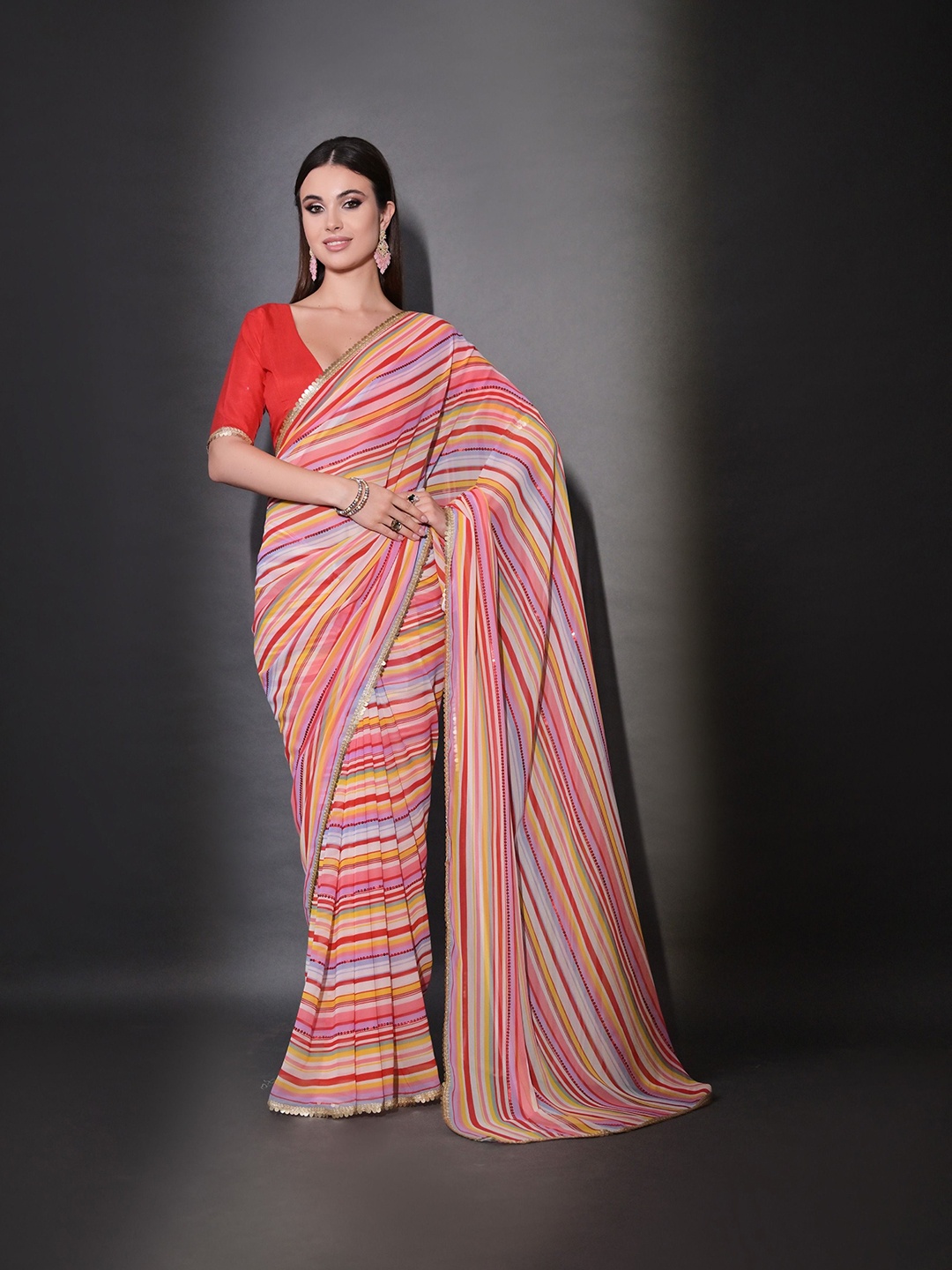 

Globon Impex Striped Sequinned Pure Georgette Saree, Red