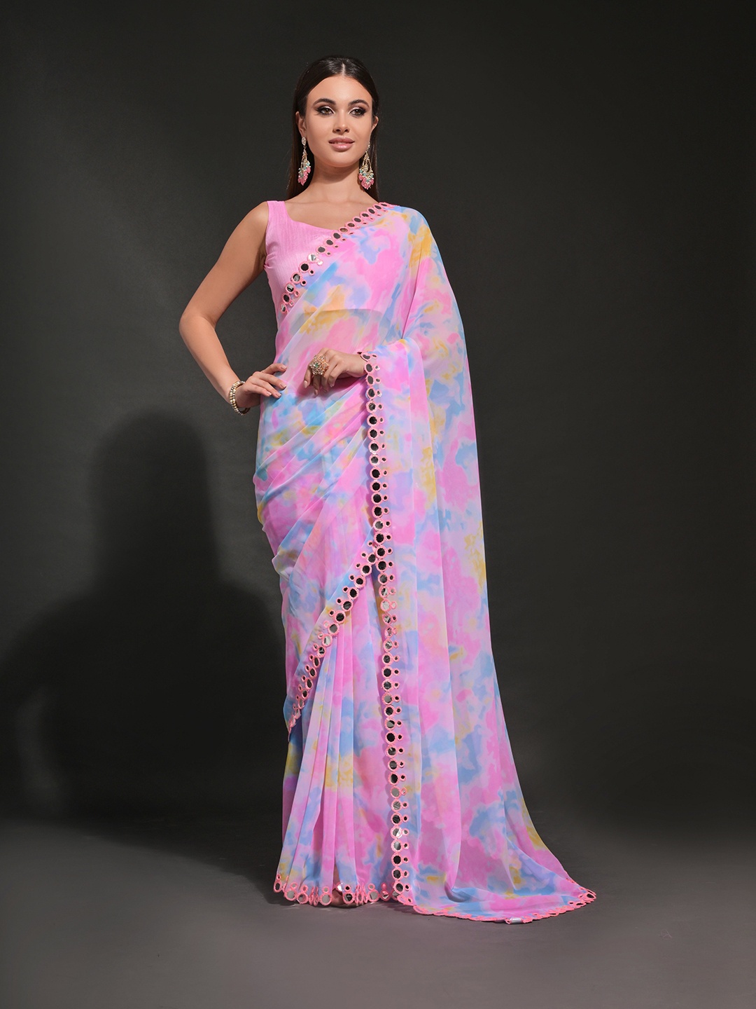 

Globon Impex Pure Georgette Abstract Mirror Work Embellished Festive Celebrity Saree, Pink