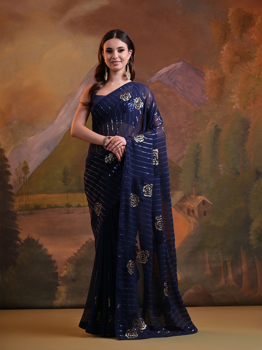 

Globon Impex Embellished Sequinned Pure Georgette Saree, Navy blue
