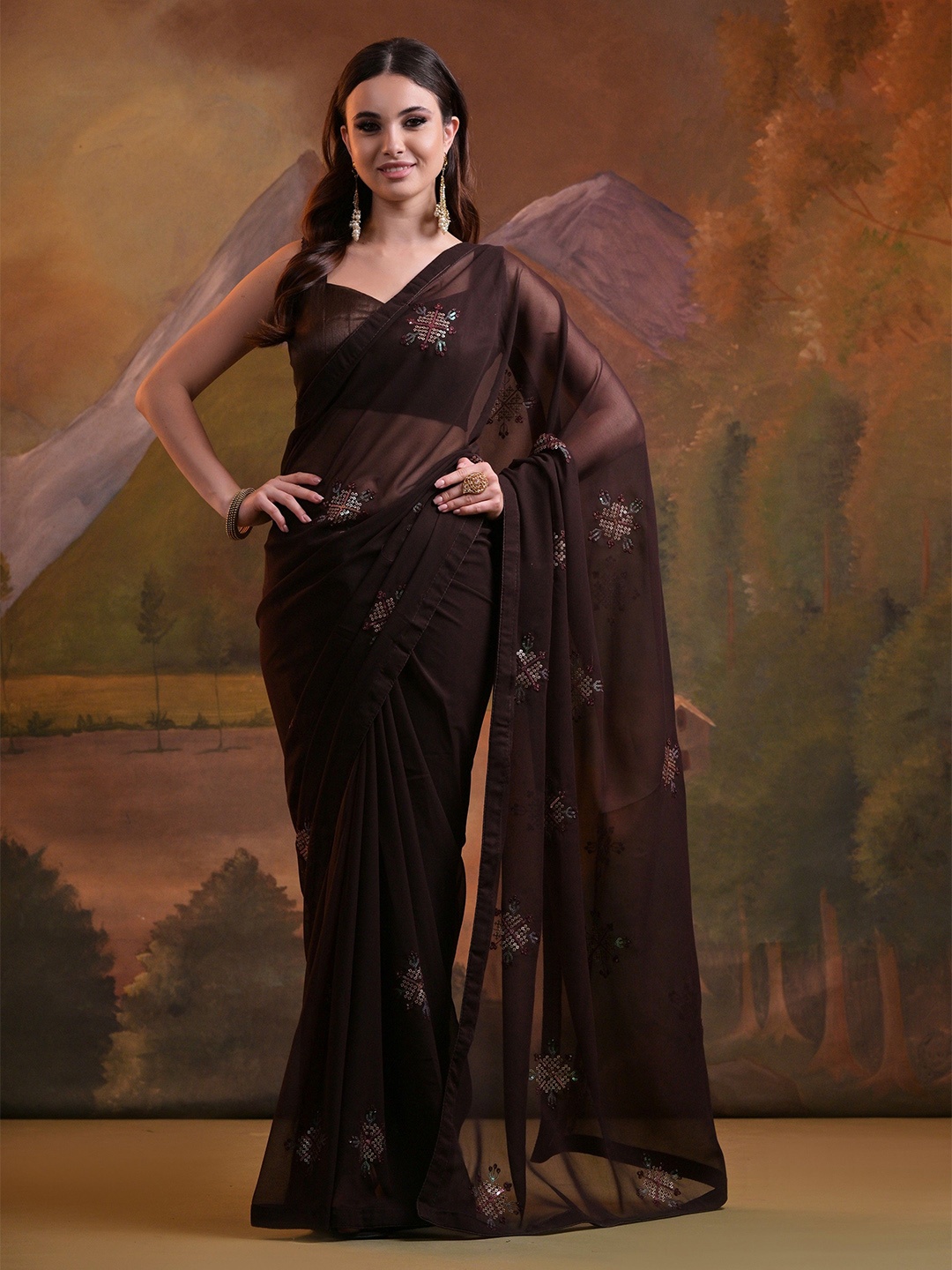 

Globon Impex Embellished Sequinned Pure Georgette Saree, Brown