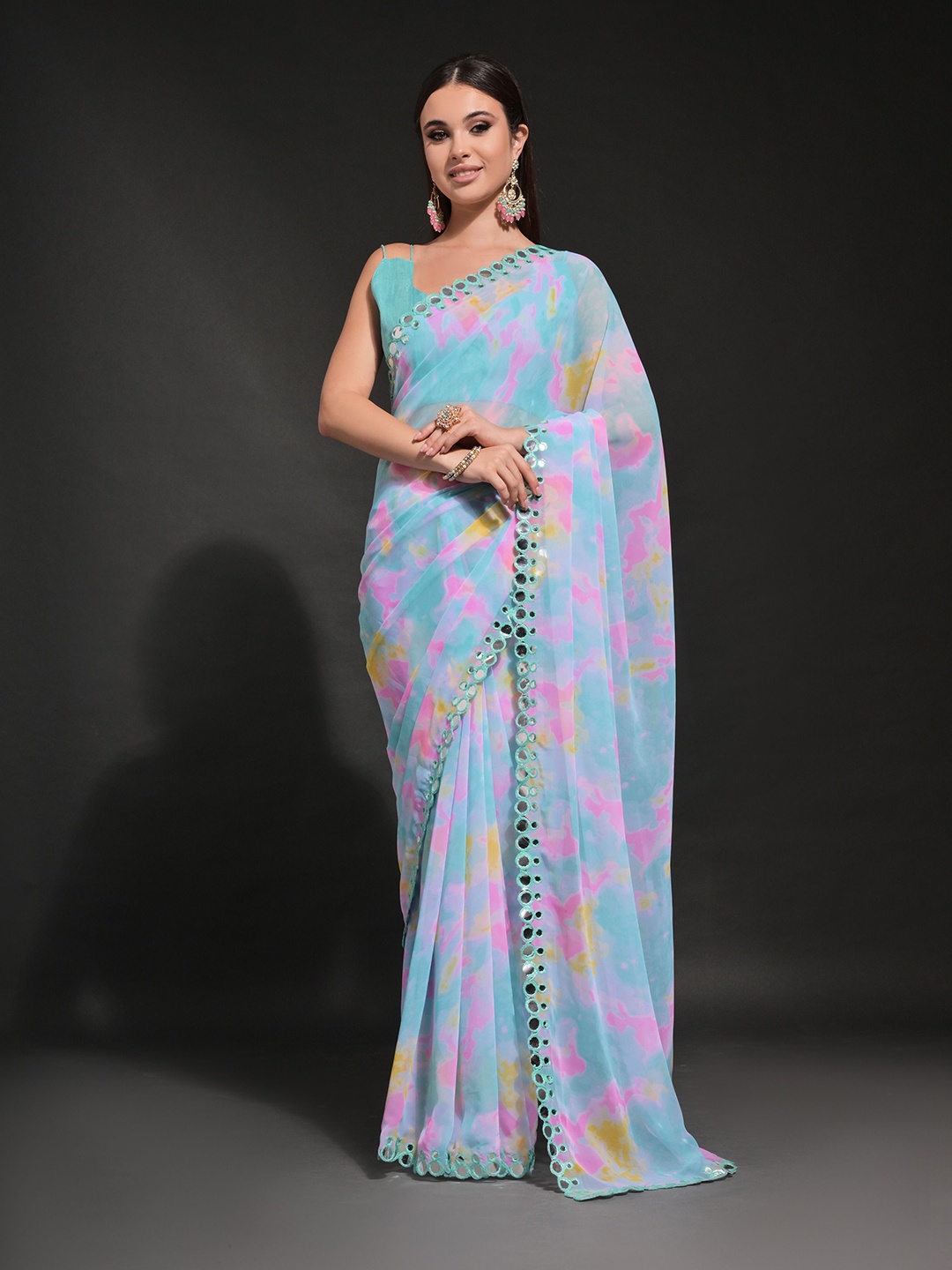 

Globon Impex Tie & Dye Mirror Work Pure Georgette Saree, Blue
