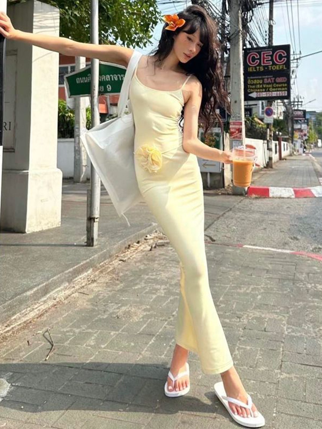 

StyleCast x Revolte Women Solid Shoulder Straps Sleeveless Georgette Maxi Dress, Yellow
