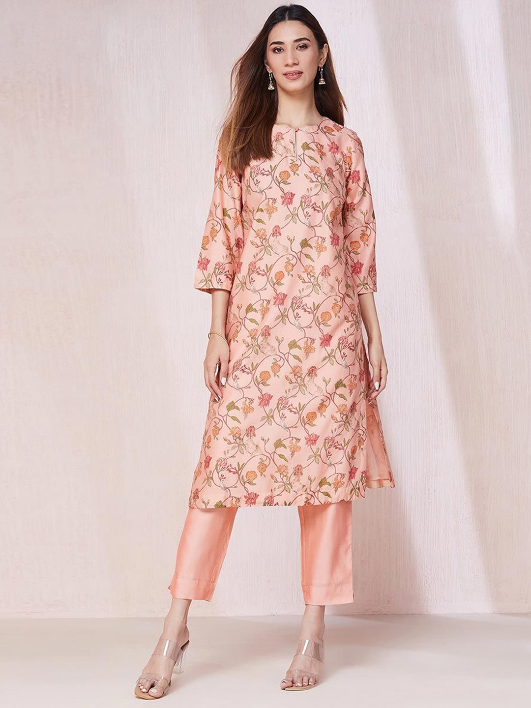 

Fabindia Floral Printed Keyhole Neck Cotton Silk Straight Kurta With Trouser, Pink