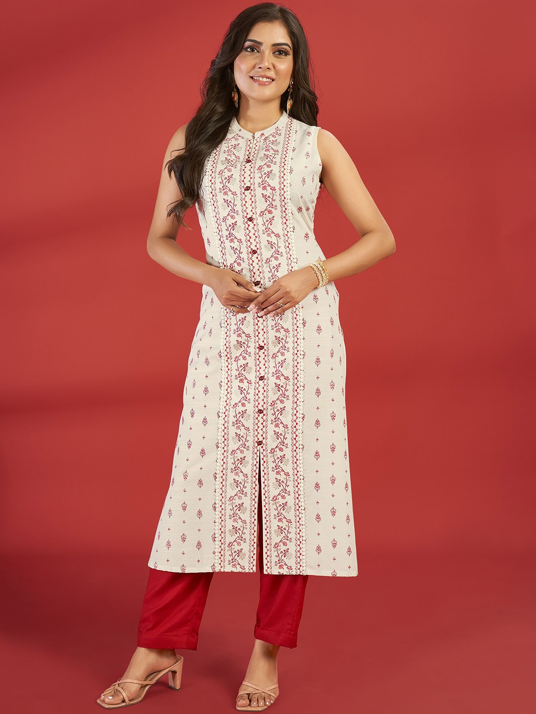 

IWUMAN Ethnic Motifs Printed Mandarin Collar Straight Kurta, Off white