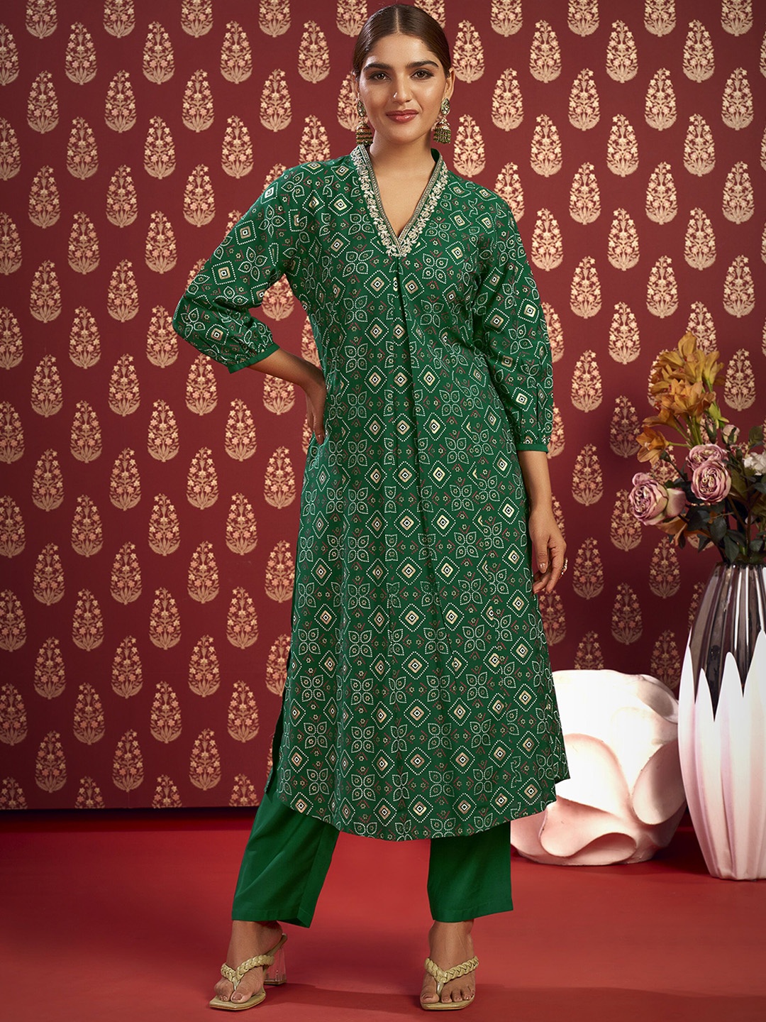 

IWUMAN Ethnic Motifs Printed Sequinned A-Line Kurta, Green