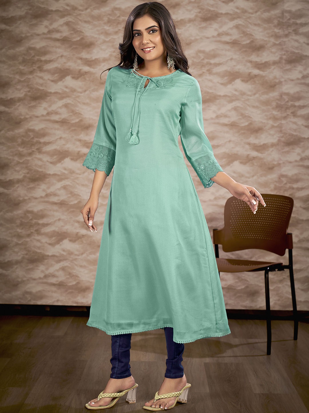 

IWUMAN Floral Embroidered Tie-Up Neck Cotton A-Line Kurta, Green