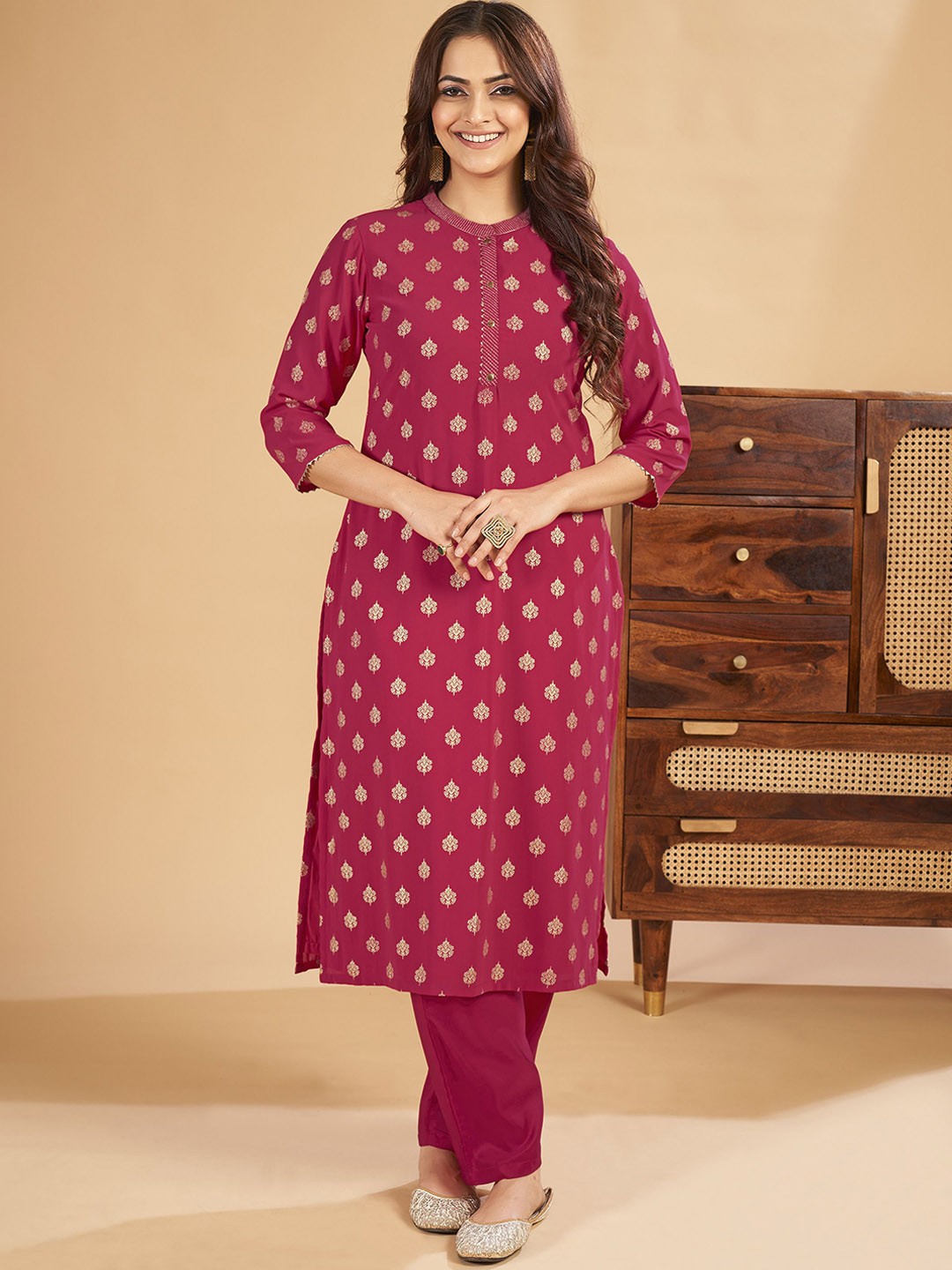 

IWUMAN Ethnic Motifs Printed Mandarin Collar Straight Georgette Kurta, Pink