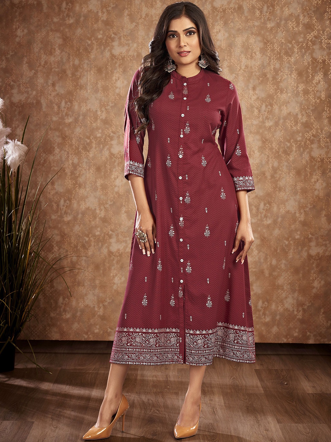 

IWUMAN Floral Printed Mandarin Collar A-Line Ethnic Dress, Maroon