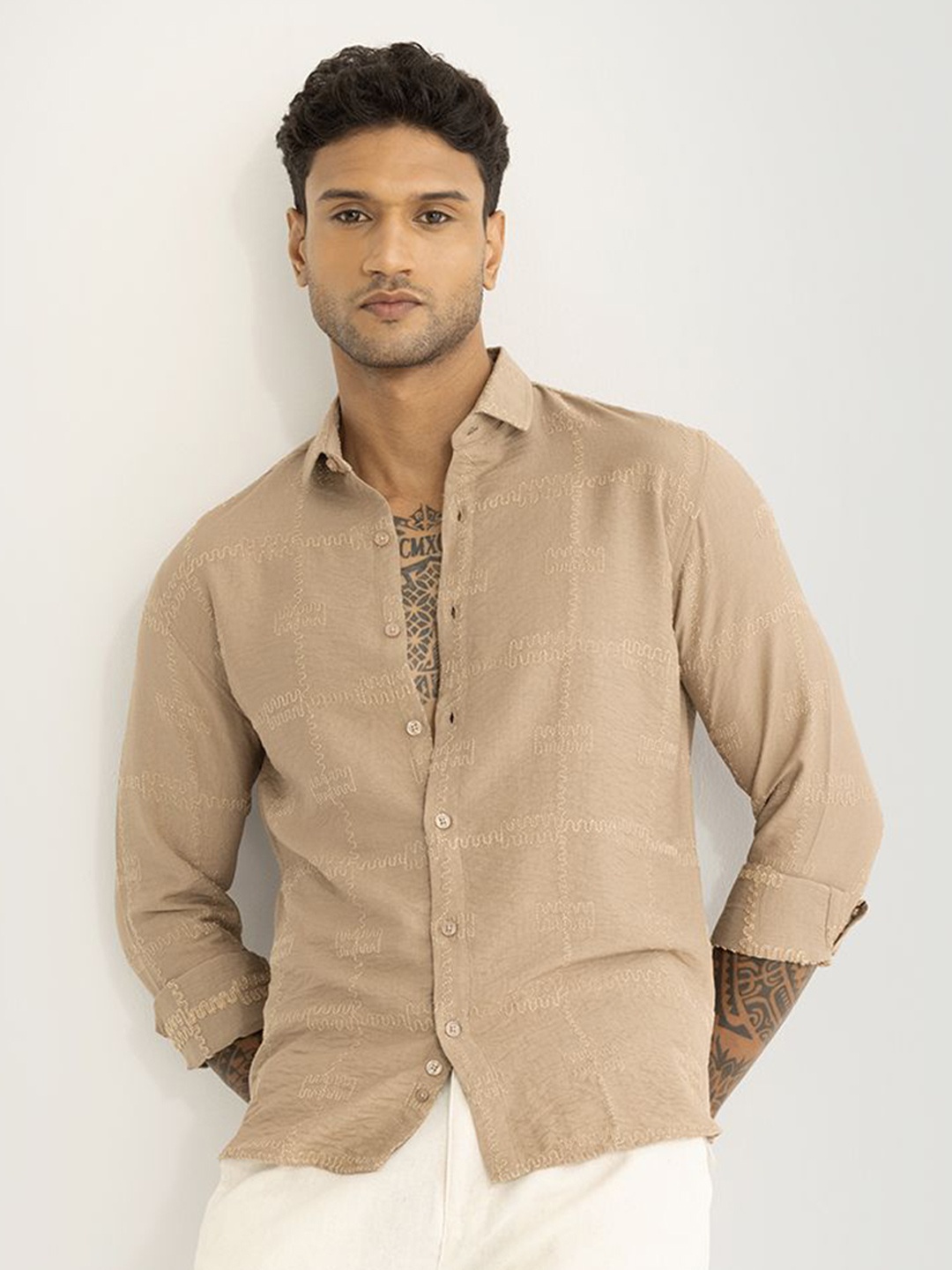 

Snitch Men Smart Slim Fit Opaque Striped Casual Shirt, Beige