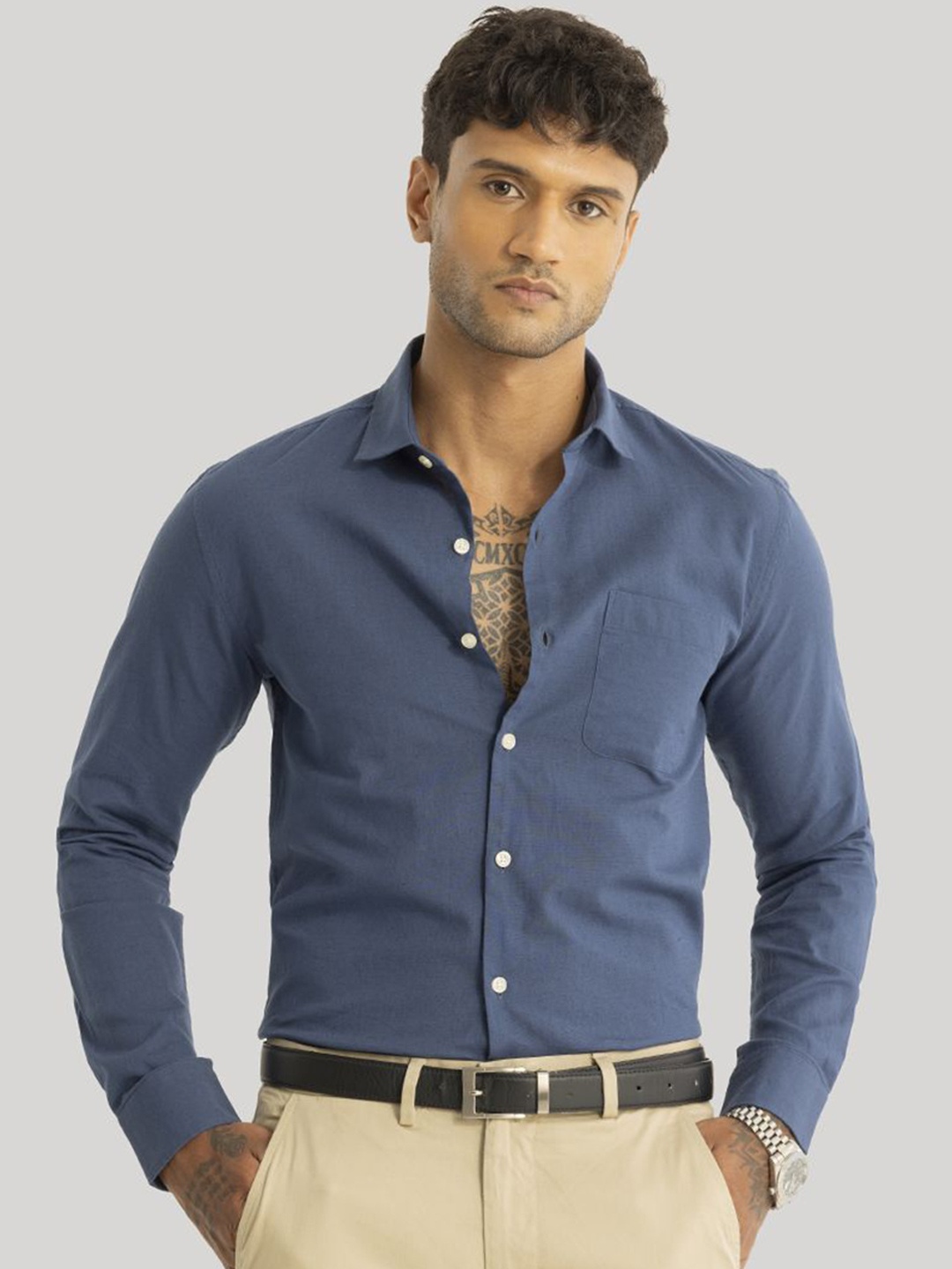 

Snitch Men Smart Spread Collar Solid Linen Slim Fit Semiformal Shirt, Blue