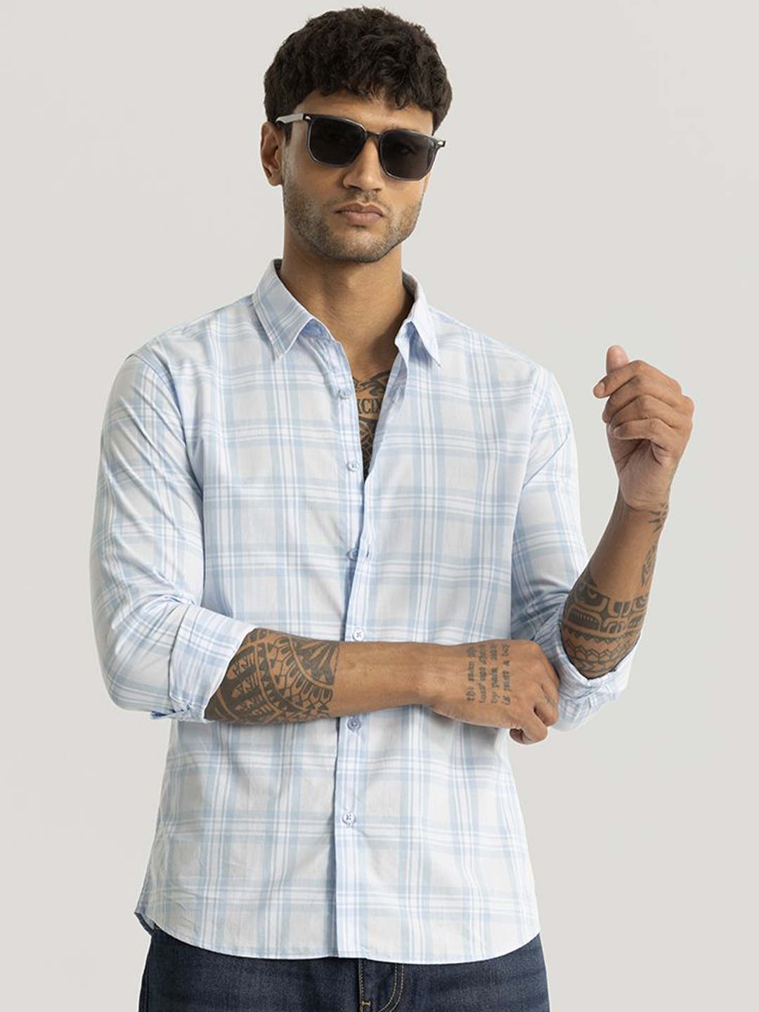 

Snitch Men Smart Slim Fit Opaque Checked Casual Shirt, Blue