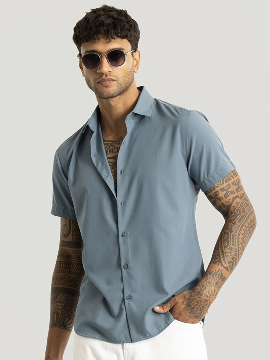

Snitch Men Smart Spread Collar Solid Modal Slim Fit Casual Shirt, Blue