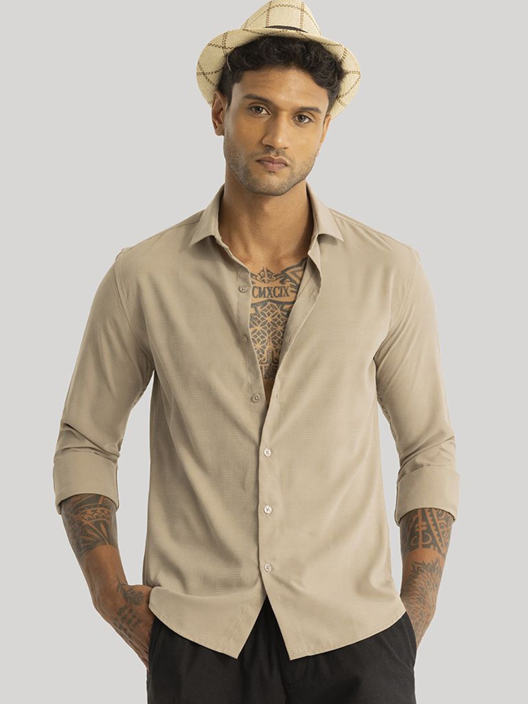 

Snitch Men Smart Slim Fit Opaque Casual Shirt, Beige