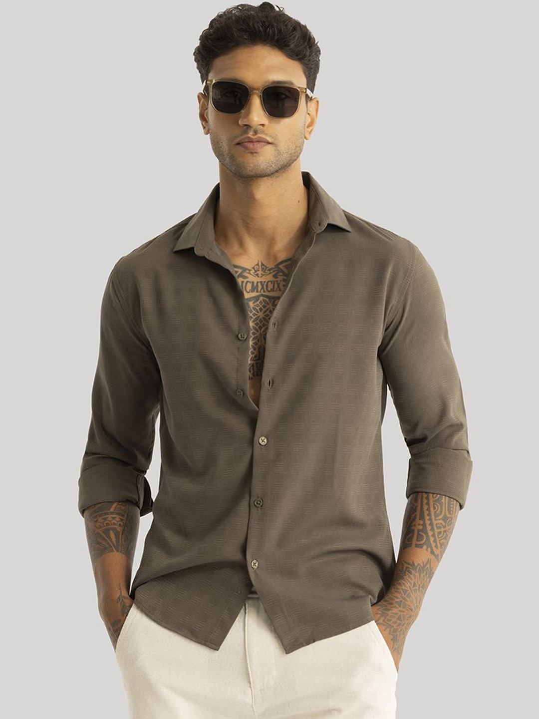 

Snitch Men Smart Slim Fit Opaque Casual Shirt, Olive