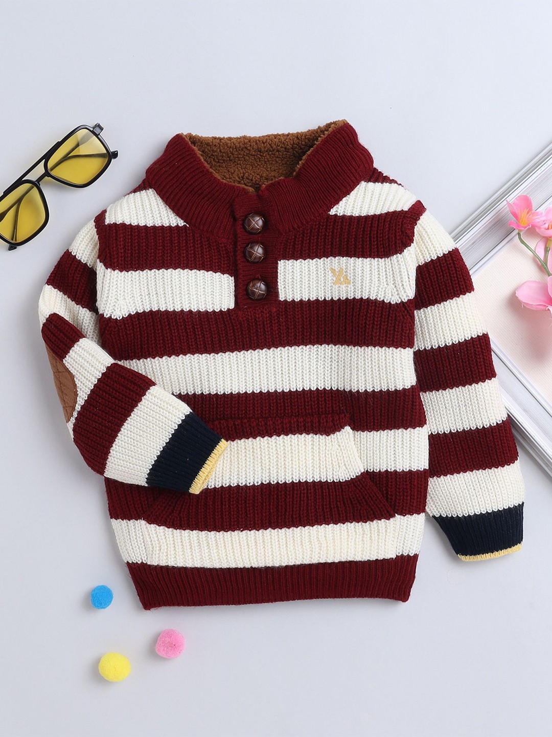 

Yellow Apple Boys Striped Woollen Pullover, Maroon