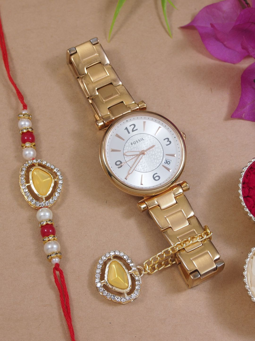 

I Jewels Kundan-Studded & Beaded Bhaiya Bhabhi Rakhi With Watch Accessories Gift Set, Yellow