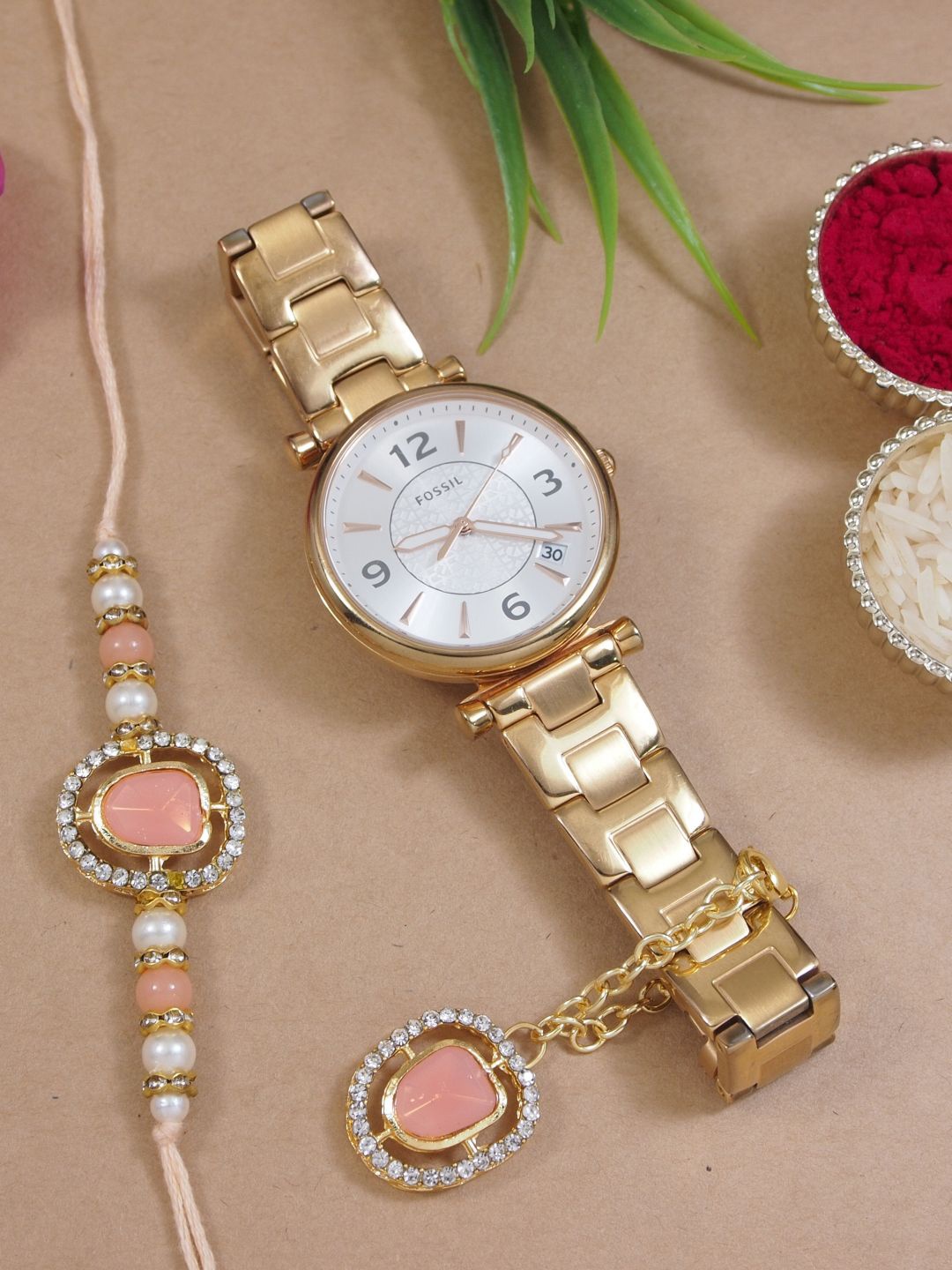 

I Jewels Kundan-Studded & Pearl-Beaded Bhaiya Bhabhi Rakhi With Watch Accessories Gift Set, Gold