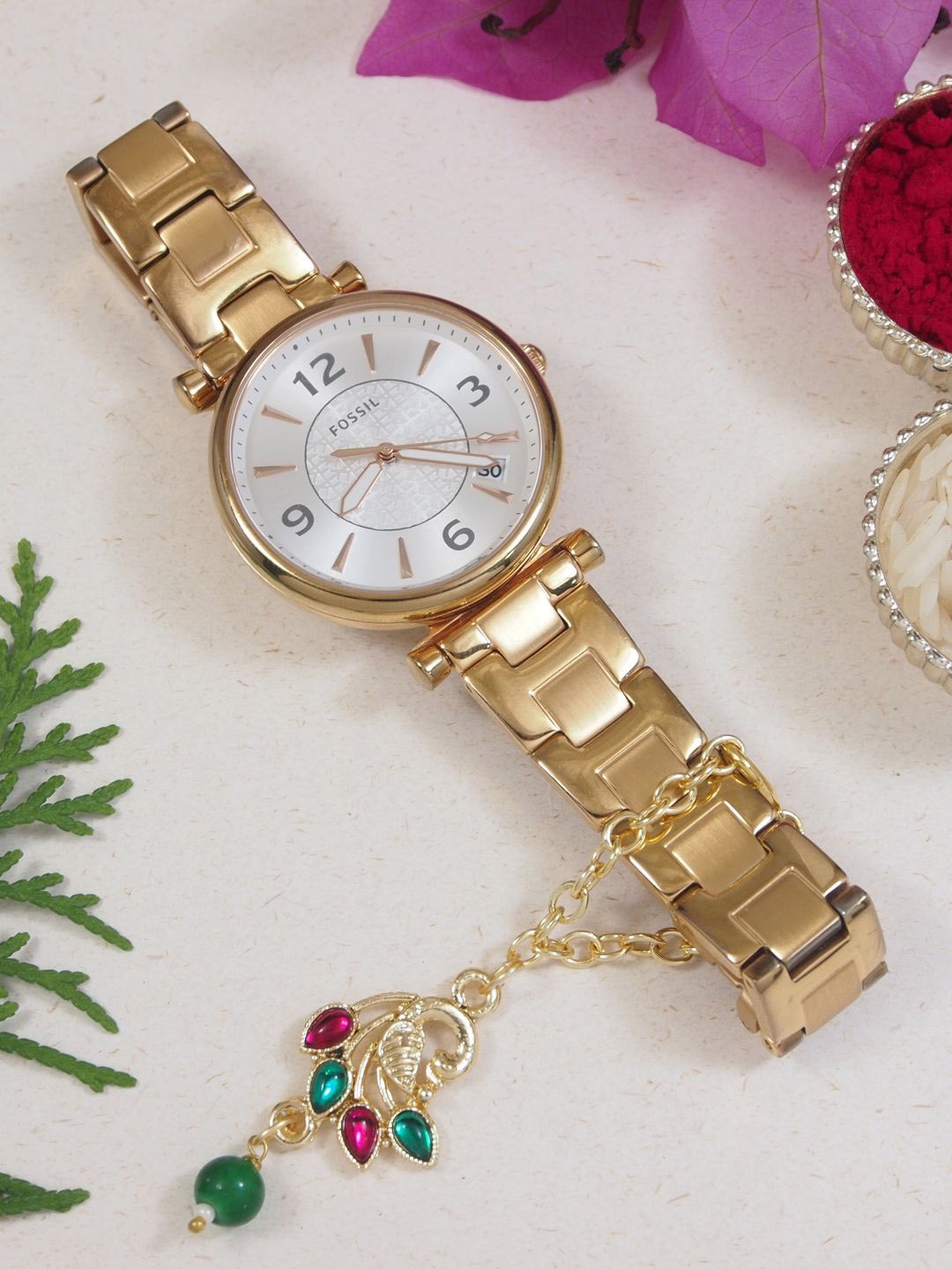

I Jewels Peacock Feather Bhaiya Bhabhi Rakhi With Watch & Greeting Card With Roli Chawal, Gold
