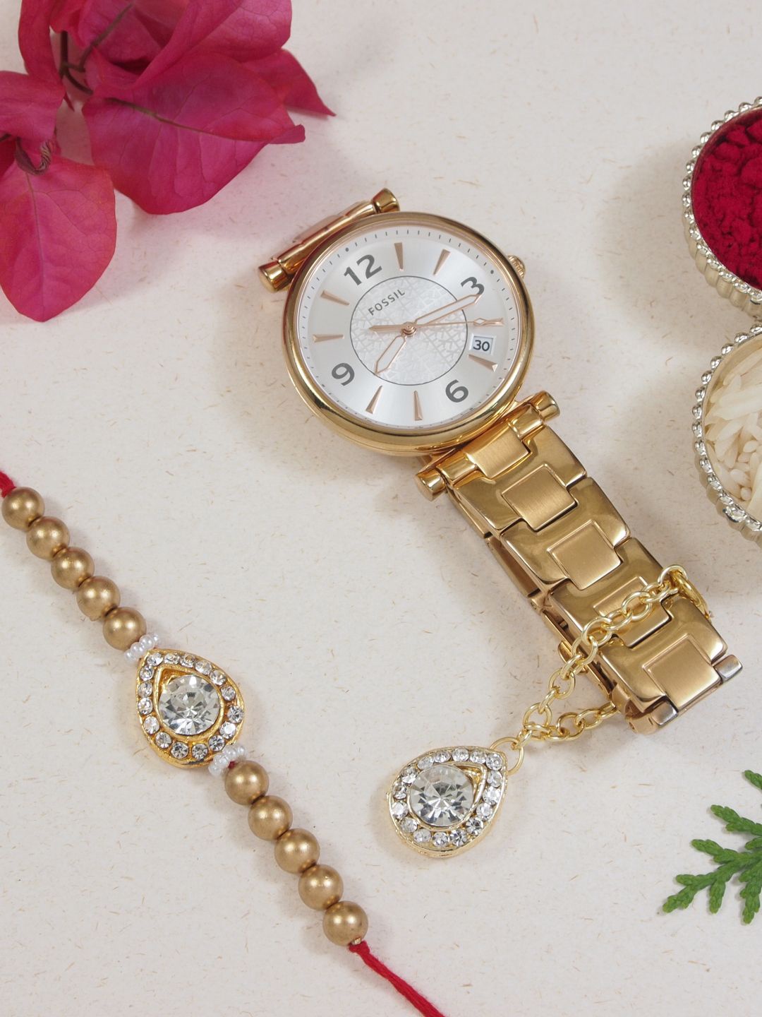 

I Jewels Kundan-Studded & Pearl-Beaded Bhaiya Bhabhi Rakhi With Watch Accessories Gift Set, Gold
