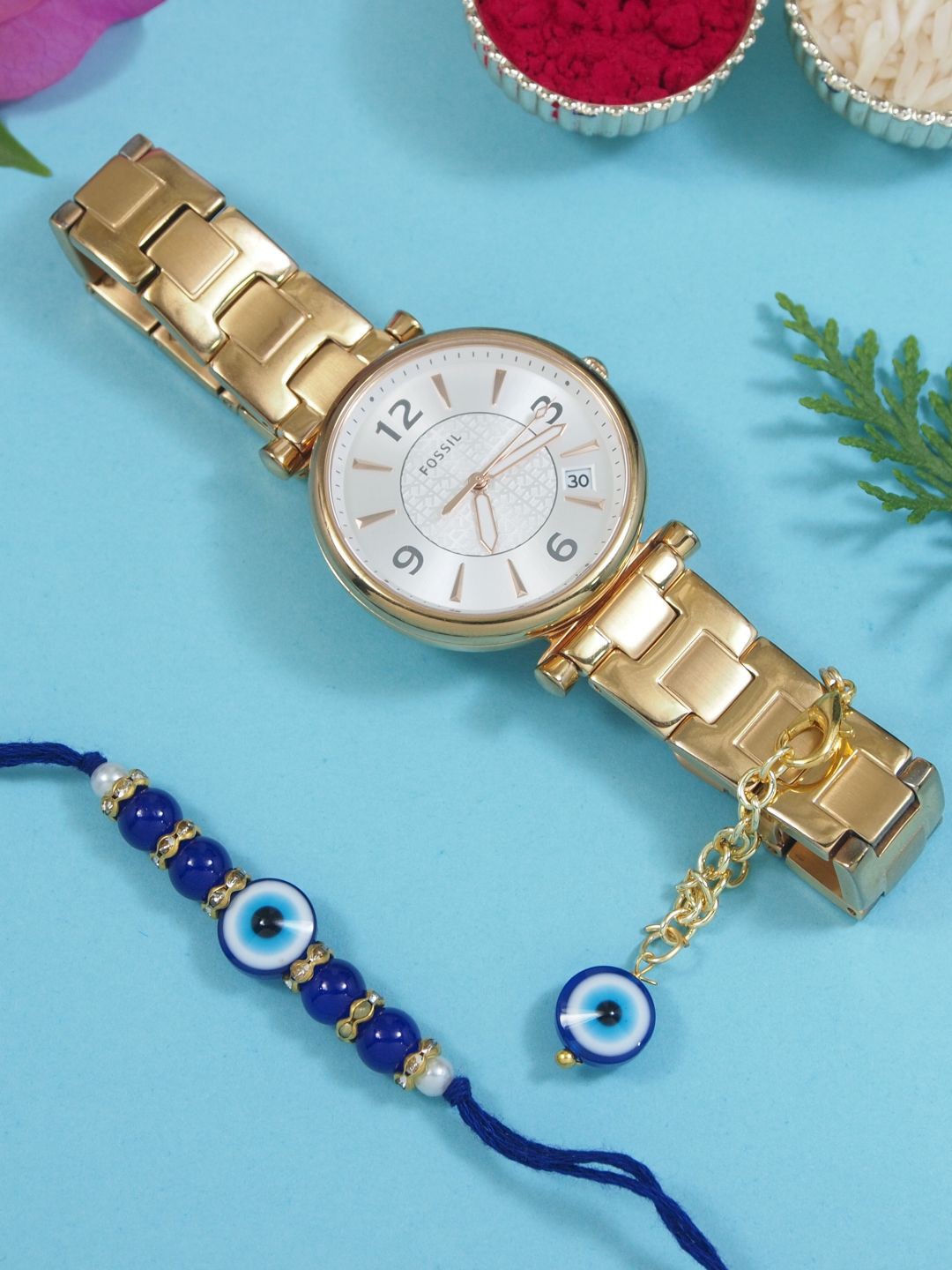 

I Jewels Pearl-Beaded Evil Eye Bhaiya Bhabhi Rakhi With Watch Accessories Gift Set, Blue