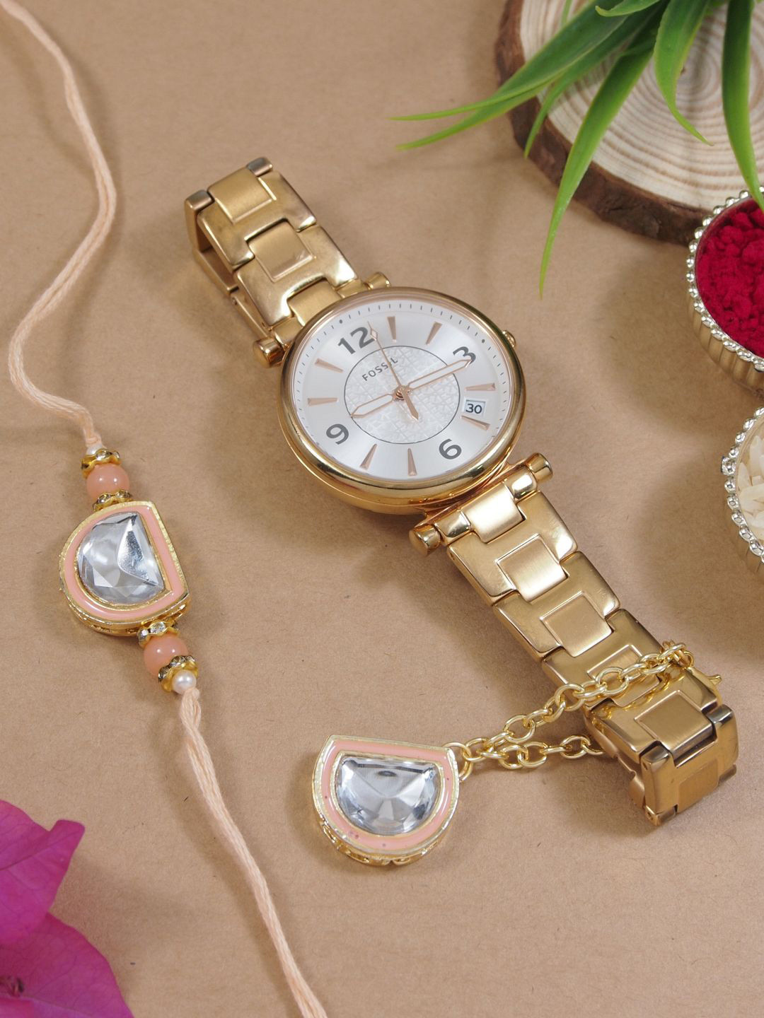 

I Jewels Kundan-Studded & Pearl-Beaded Bhaiya Bhabhi Rakhi With Watch Accessories Gift Set, Gold