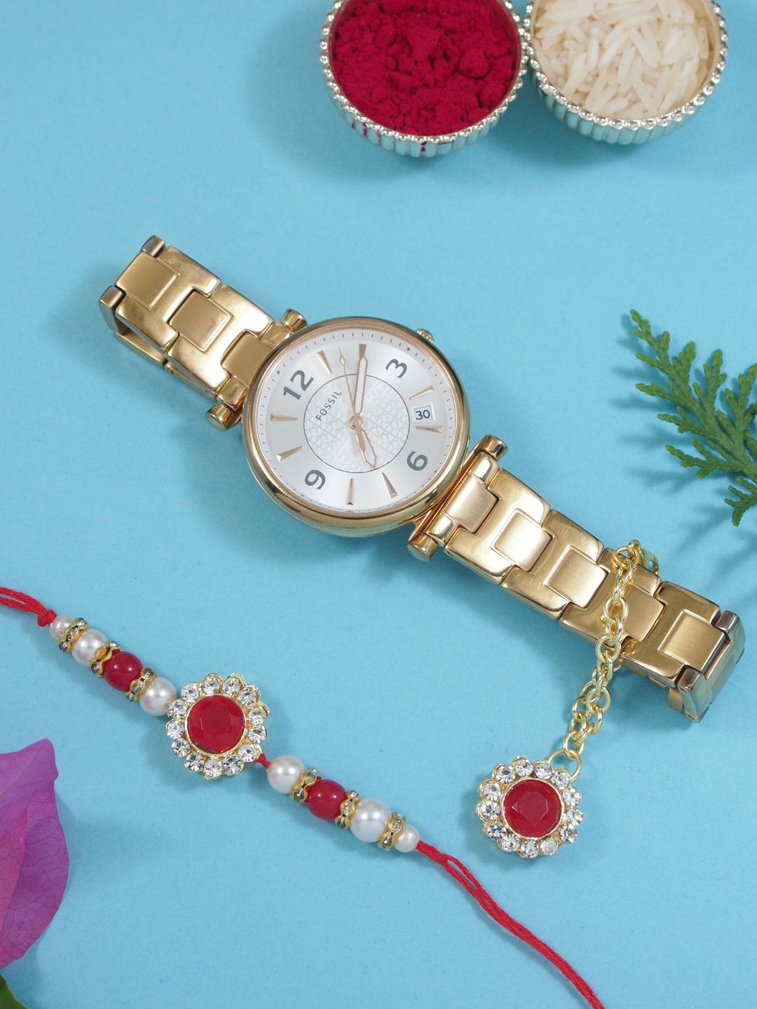 

I Jewels Kundan-Studded & Beaded Bhaiya Bhabhi Rakhi With Watch Accessories Gift Set, Gold