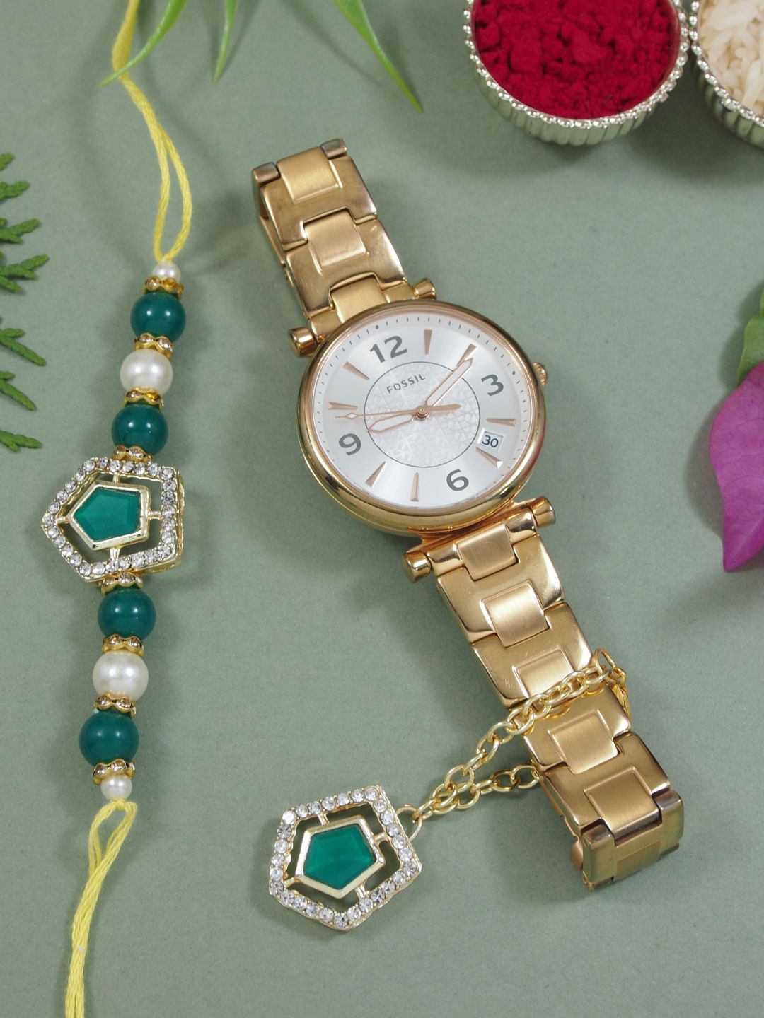 

I Jewels Kundan Studded Rakhi & Watch Charm, Green