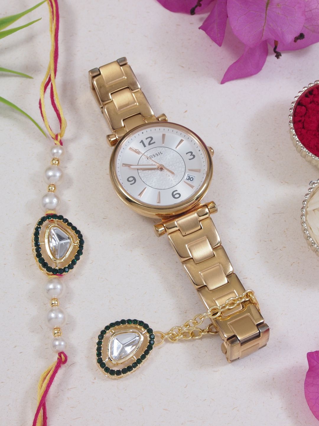 

I Jewels Kundan-Studded & Pearl-Beaded Bhaiya Bhabhi Rakhi With Watch Accessories Gift Set, Gold