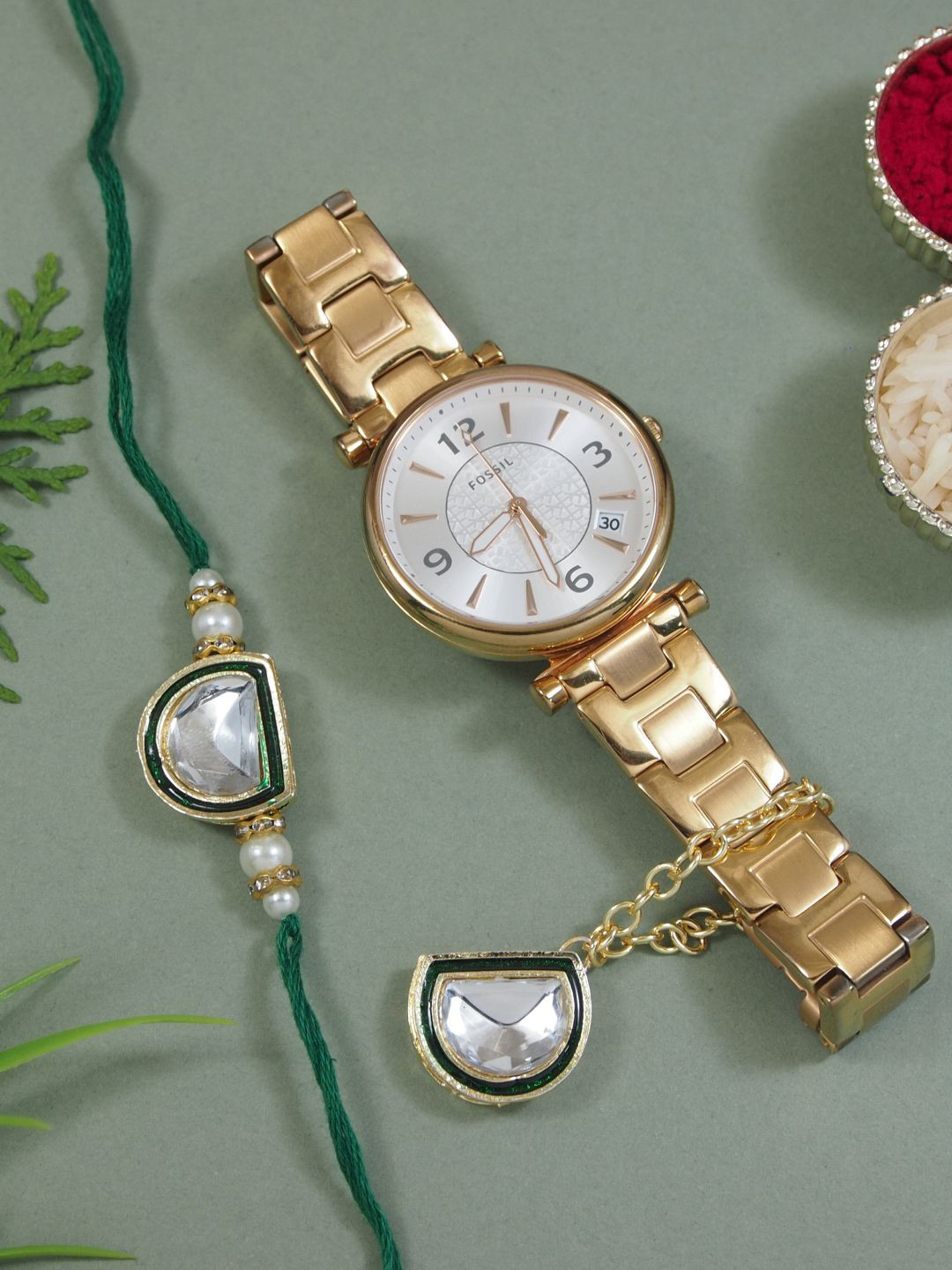 

I Jewels Beaded Bhaiya Bhabhi Rakhi With Watch Accessories Gift Set, Green