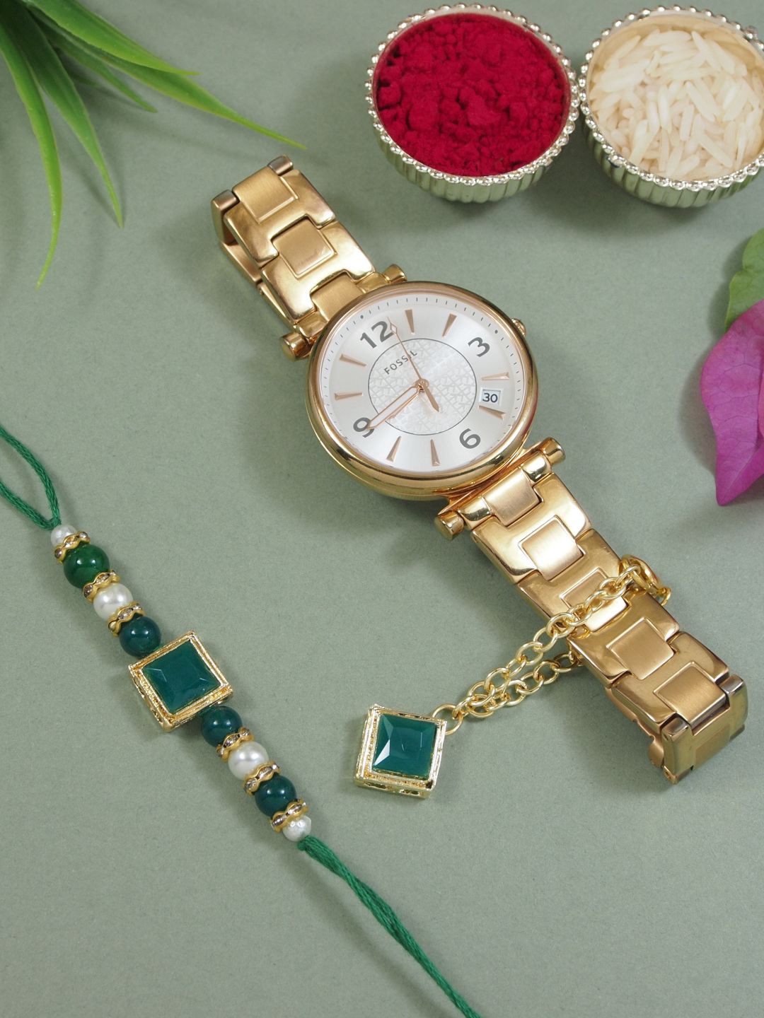 

I Jewels Beaded Bhaiya Bhabhi Rakhi With Watch Accessories Gift Set, Green