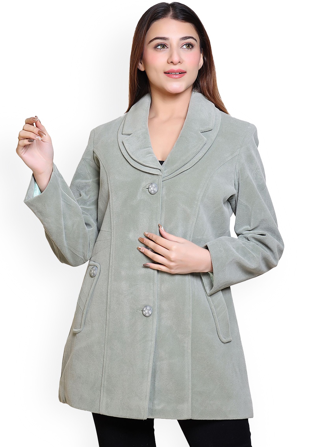 

Lady Leaf Notched Lapel Long Sleeves Hip Length Suede Overcoat, Green