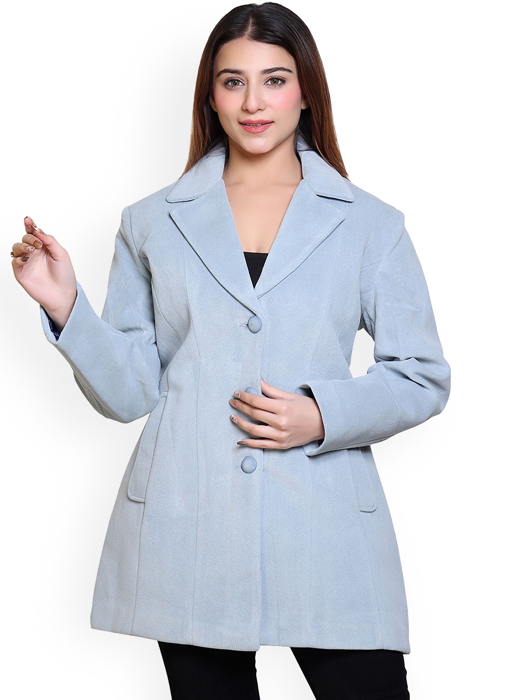 

Lady Leaf Notched Lapel Collar Hip Length Suede Overcoat, Blue