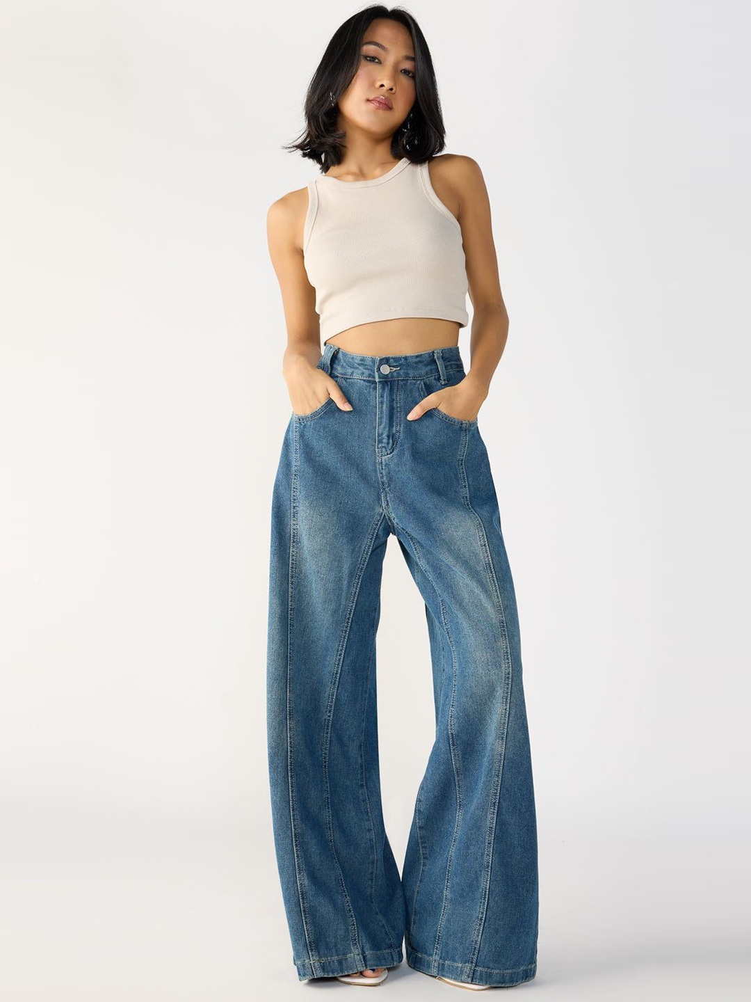 

FREAKINS Navy Blue Denim Flared Korean Pants