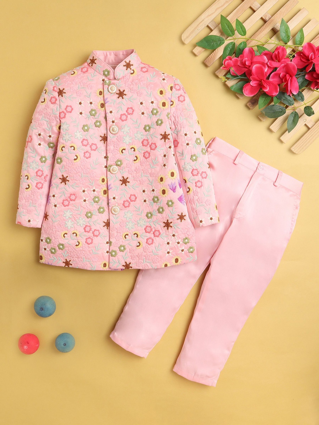 BAESD Boys Floral Embroidered Regular Thread Work Straight Kurta With Pyjamas, Pink